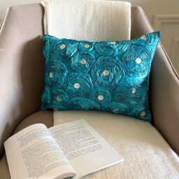 Aqua Blue Art Silk Ribbon Embroidered Rose With Mother Of Pearl Lumbar Pillow Cover, Modern Oblong Cushion Cover - Aquamarine Roses - thumbnail 2