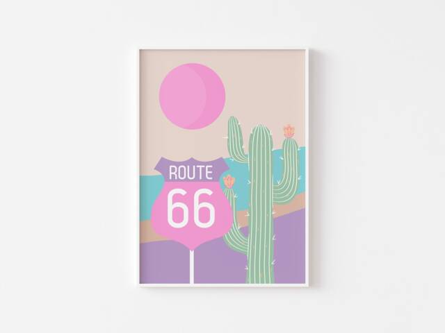 Pop Pastel Route 66 Desert Print - Danish Print, Pink Cute Desert, Usa Poster, Preppy Bohemian Landscape, Funky Art - image 1