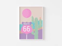 Pop Pastel Route 66 Desert Print - Danish Print, Pink Cute Desert, Usa Poster, Preppy Bohemian Landscape, Funky Art - thumbnail 1