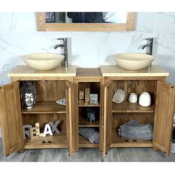 Bathroom Vanity Unit - Sink Washstand Slimline Oak With Cream Marble Worktop & Sit On Basins Taps Plugs Included - thumbnail 2