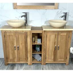 Bathroom Vanity Unit - Sink Washstand Slimline Oak With Cream Marble Worktop & Sit On Basins Taps Plugs Included