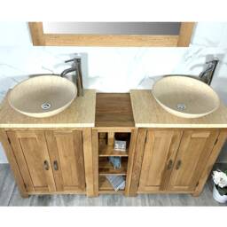 Bathroom Vanity Unit - Sink Washstand Slimline Oak With Cream Marble Worktop & Sit On Basins Taps Plugs Included - thumbnail 3