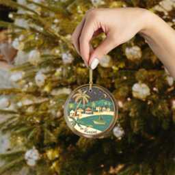Glass Trinidad Christmas Ornament, Green Black Tree Decoration With Caribbean Village Boat, Gold String Hanging Holiday D??cor - thumbnail 3