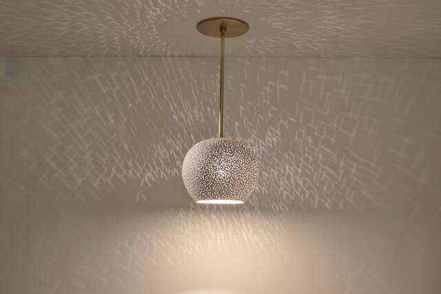 Ceramic Pendant Lamp Brass Rod, Perforated Shade, Mood Lighting - image 1