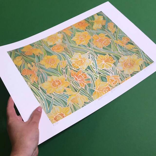 Daffodils Flower Wall Art - Floral Yellow Green Unmounted Print Landscape Living Room Vibrant Home Decor - image 1