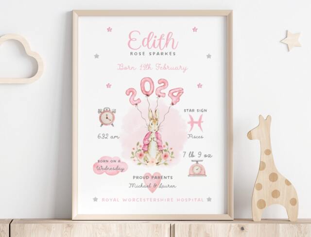 Peter Rabbit Personalised Baby Girl Stats Keepsake Gift - Flopsy Bunny Pink Print Newborn Custom Birth Details - image 1
