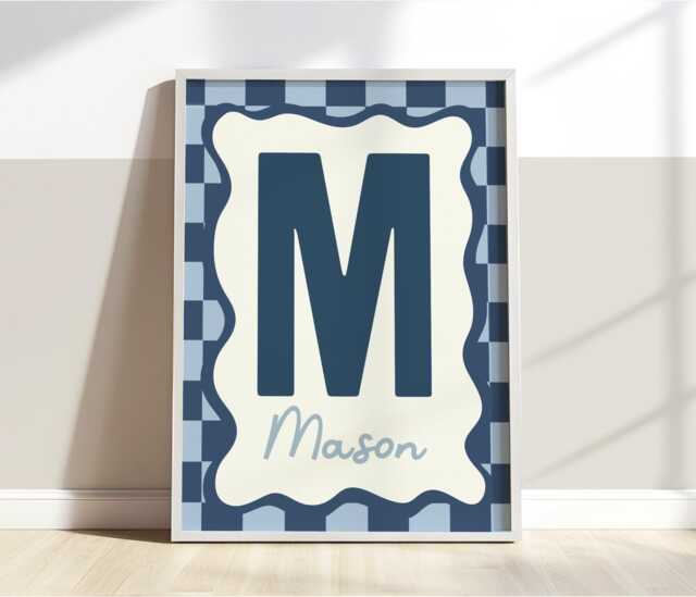 Personalised Initial Print in Navy, Retro Checkered Boy Nursery Playroom Decor, Bedroom Wall Art - image 1