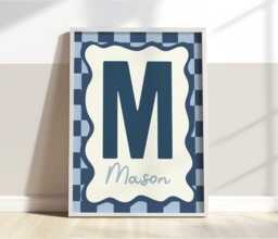 Personalised Initial Print in Navy, Retro Checkered Boy Nursery Playroom Decor, Bedroom Wall Art - thumbnail 1