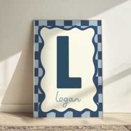 Personalised Initial Print in Navy, Retro Checkered Boy Nursery Playroom Decor, Bedroom Wall Art - thumbnail 3