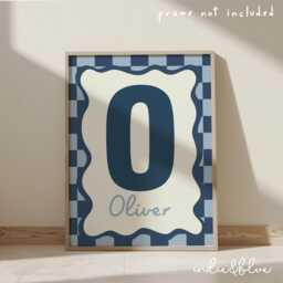 Personalised Initial Print in Navy, Retro Checkered Boy Nursery Playroom Decor, Bedroom Wall Art - thumbnail 2