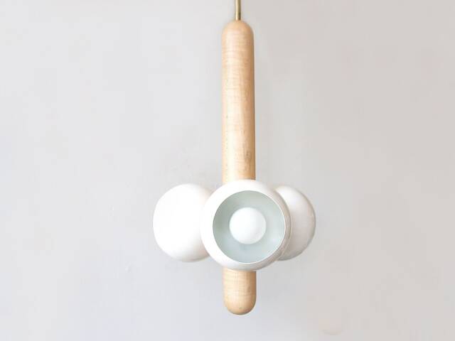 Mid Century Modern Maple & White Eyeball Shades Pendant Light Lamp Triple Wood Ceiling Living Room - image 1