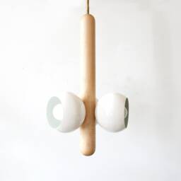 Mid Century Modern Maple & White Eyeball Shades Pendant Light Lamp Triple Wood Ceiling Living Room - thumbnail 3