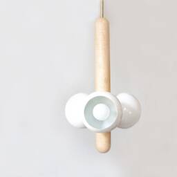 Mid Century Modern Maple & White Eyeball Shades Pendant Light Lamp Triple Wood Ceiling Living Room - thumbnail 2