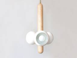 Mid Century Modern Maple & White Eyeball Shades Pendant Light Lamp Triple Wood Ceiling Living Room - thumbnail 1