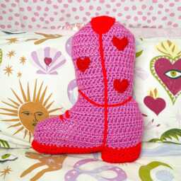 Crochet Pillow, Handmade Valentine's Cowboy Boot Pillow in Pink & Red, Home Decor, Gift For Her - thumbnail 2