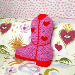 Crochet Pillow, Handmade Valentine's Cowboy Boot Pillow in Pink & Red, Home Decor, Gift For Her - thumbnail 3