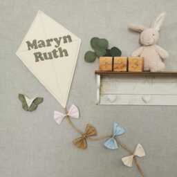 Unisex Personalised Kite Nursery Decor in Cream & Sage Green, Boho Baby Room Wall Hanging