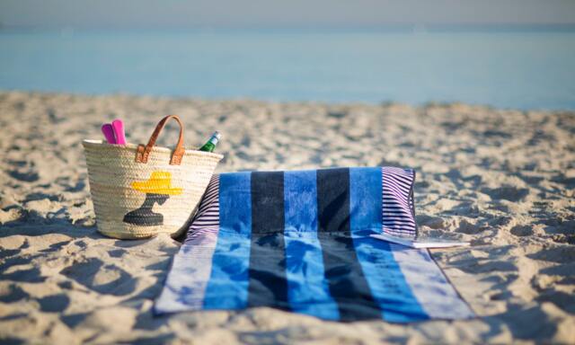 Sandori Beachrelaxer?? Beach Towel, Sheet, Bath Towel With A Removable Pillow - Blue Striped, 100% Cotton Velour - image 1
