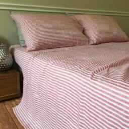 Red & White Striped Bed Sheets in Natural Linen, Fitted Sheet, 2 Pillow Cover, Flat Extra Large Sheets Set, Dorm Bedding - thumbnail 2