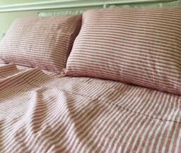 Red & White Striped Bed Sheets in Natural Linen, Fitted Sheet, 2 Pillow Cover, Flat Extra Large Sheets Set, Dorm Bedding