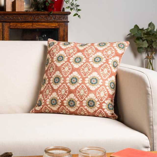 Mandala Motif Linen Print Cushion Cover in Rust. Linen-Blend Block-Print Design Teal Blue, Terracotta Red & Ivory. 17x17 - image 1