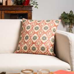 Mandala Motif Linen Print Cushion Cover in Rust. Linen-Blend Block-Print Design Teal Blue, Terracotta Red & Ivory. 17x17