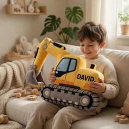 Personalized Excavator Pillow, Custom Face Shaped Names Bulldozer Toddler Nursery Decor, Gift For Boys - thumbnail 2