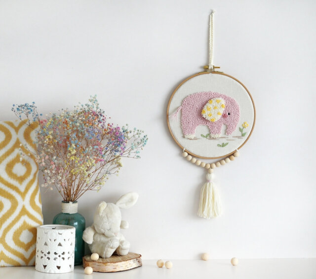 Elephant Punch Needle Hoop Art - Nursery Wall Hanging Decor - image 1