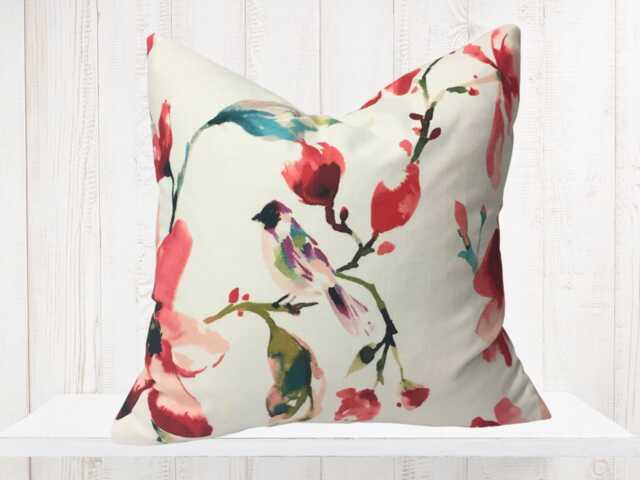 Watercolor Bird & Floral Pillow Cover, Red Pink Teal - image 1