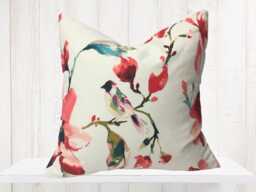 Watercolor Bird & Floral Pillow Cover, Red Pink Teal - thumbnail 1