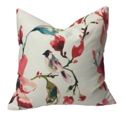 Watercolor Bird & Floral Pillow Cover, Red Pink Teal - thumbnail 2