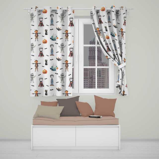 Cute Halloween Zombie Mummy Vampire & Bats Seamless Pattern Readymade Eyelet Ring Top Thermal 100% Blackout Curtains - image 1