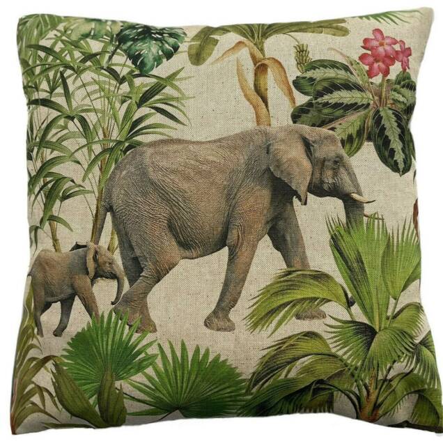 Safari Animal Print Cushion Cover - Grey Zambezi With Elephant, Zebra, Lion & Green Foliage - image 1