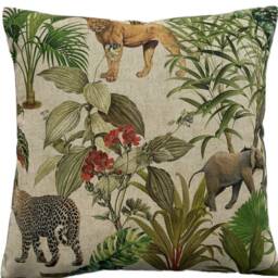 Safari Animal Print Cushion Cover - Grey Zambezi With Elephant, Zebra, Lion & Green Foliage - thumbnail 2