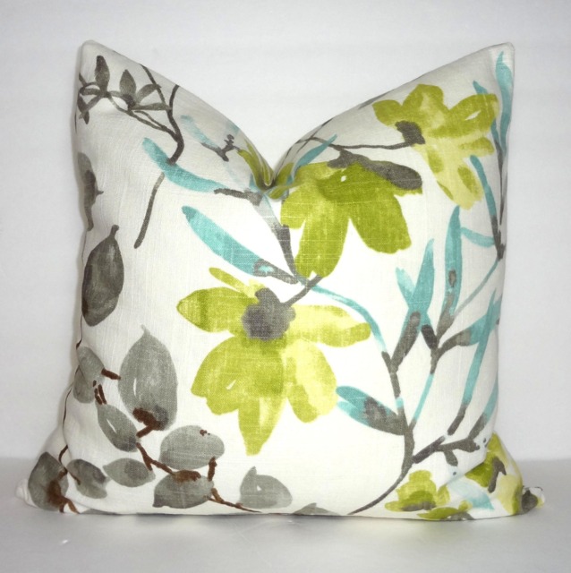Floral Linen Pillow Cover, Citrine, Blue, & Grey - 18x18 - image 1