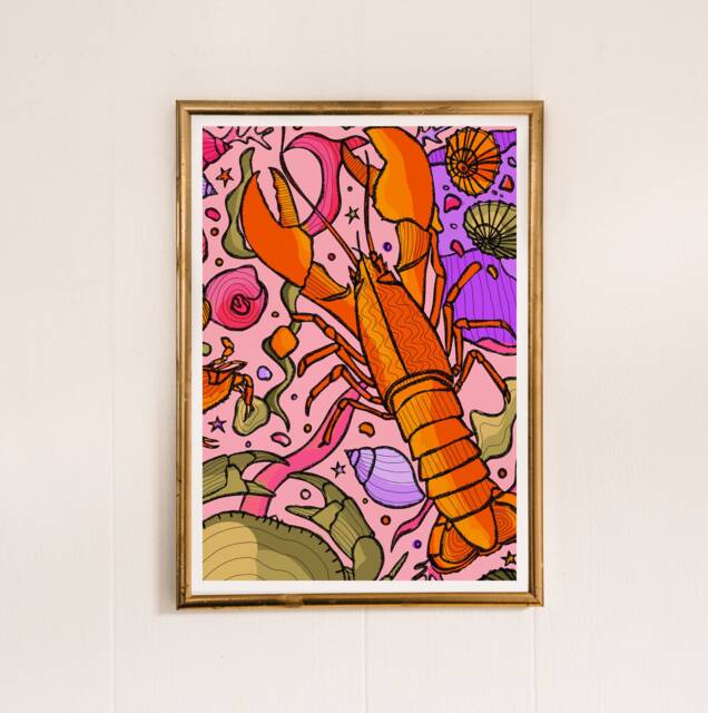 Pink Lobster Art Print Bright Nautical Wall Decor - image 1