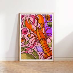 Pink Lobster Art Print Bright Nautical Wall Decor - thumbnail 2