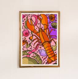 Pink Lobster Art Print Bright Nautical Wall Decor - thumbnail 1