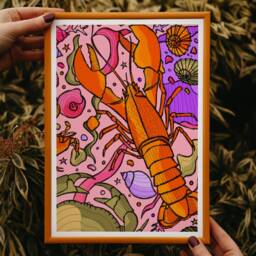 Pink Lobster Art Print Bright Nautical Wall Decor - thumbnail 3
