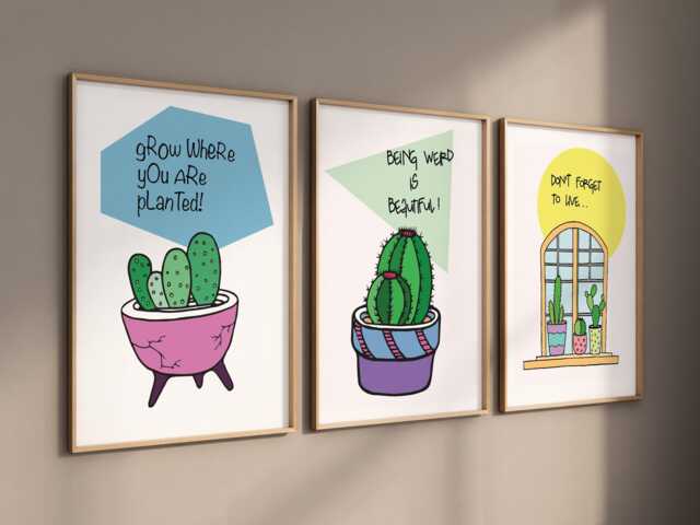 Cactus Prints, Cactus Poster, Room Art, Home Decor, Gifts, Set Of 3 Wall Positive Quotes, Print Set, Succulent Poster - image 1