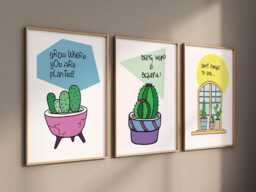 Cactus Prints, Cactus Poster, Room Art, Home Decor, Gifts, Set Of 3 Wall Positive Quotes, Print Set, Succulent Poster - thumbnail 1