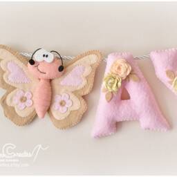 Felt Baby Name Banner Beige Butterfly Nursery Decor - thumbnail 2
