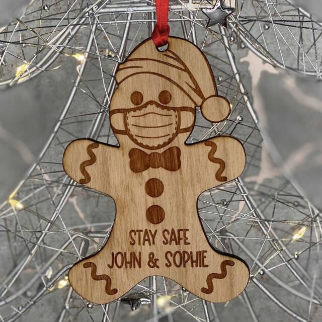 Personalised Cherry Wood Stay Safe Gingerbread Man Lockdown 2020 Christmas Tree Decoration Bauble Gift
