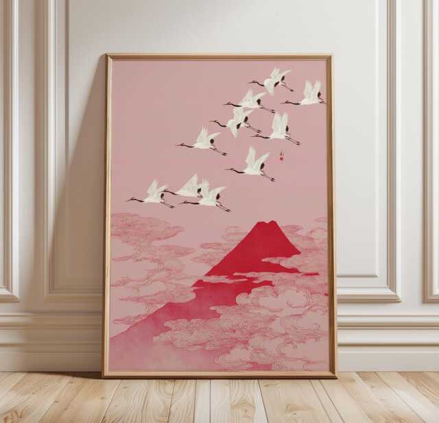 Pink Japanese Wall Art Poster Mount Fuji Crane Illustration Sakura Sky Minimal Home Decor Living Room Print, Style - image 1