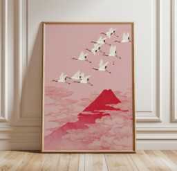 Pink Japanese Wall Art Poster Mount Fuji Crane Illustration Sakura Sky Minimal Home Decor Living Room Print, Style - thumbnail 1