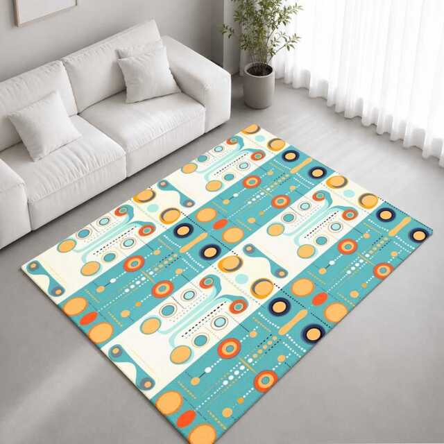 Teal Orange Retro Circuit Motif Rug Non-Slip Soft Area Carpet Bedroom Living Room Hallway Mat Decor - Made in UK - image 1