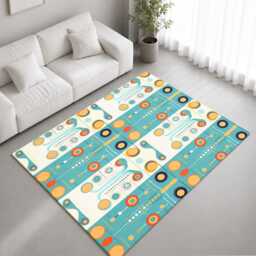 Teal Orange Retro Circuit Motif Rug Non-Slip Soft Area Carpet Bedroom Living Room Hallway Mat Decor - Made in UK - thumbnail 1