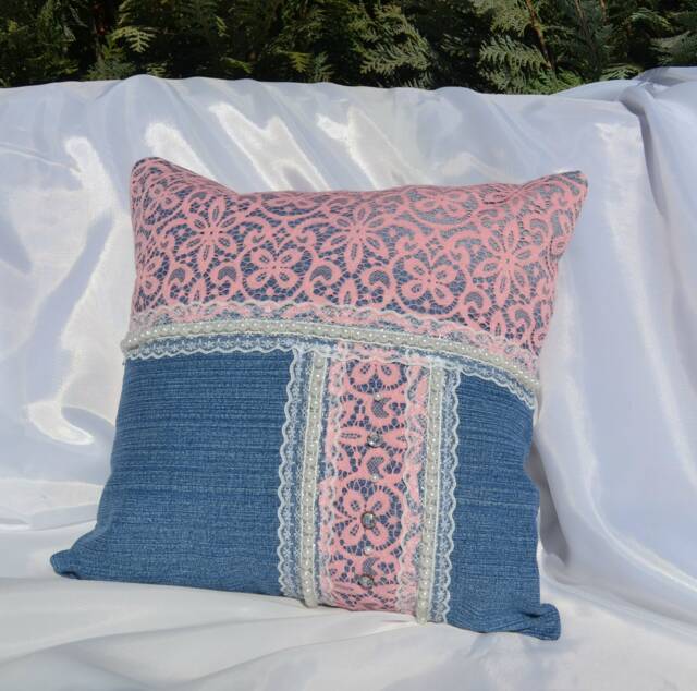Denim Pillow Pink Lace, Rhinestones & Pearls, Chic Cushion - 16x16 In - image 1