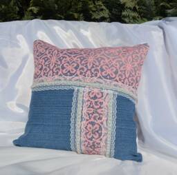 Denim Pillow Pink Lace, Rhinestones & Pearls, Chic Cushion - 16x16 In - thumbnail 1