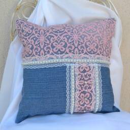 Denim Pillow Pink Lace, Rhinestones & Pearls, Chic Cushion - 16x16 In - thumbnail 3